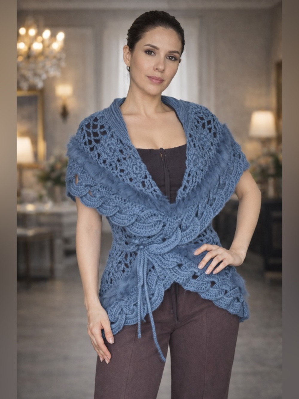 Sioni Blue Crochet Knit Vest Boho Shawl Rabbit Fur Trim Snap Front L/XL